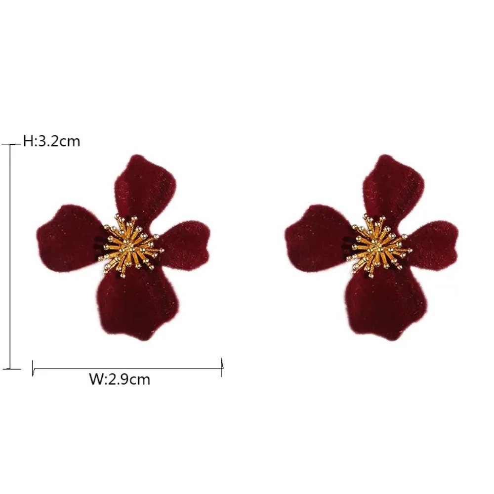 Burgundy Red Flocking Flower in Bloom Floral Stud Earrings NEW - Picture 6 of 7